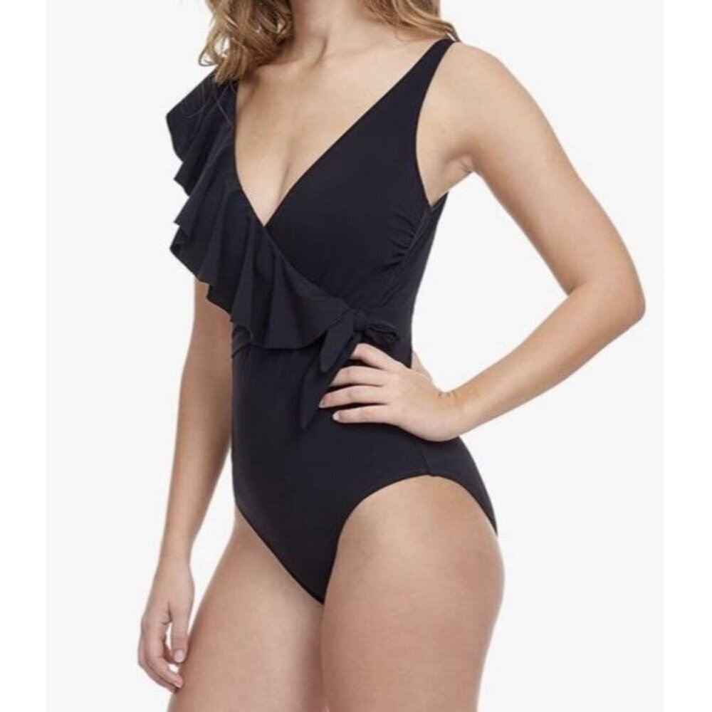 Gottex Sz 10 Swimsuit Tutti Fruity Ruffle One Shoulder V Neck One Piece Black